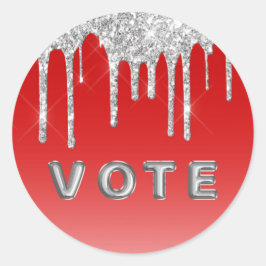 Pegatina Redonda Votación de fondo rojo con goteo de brillo platead