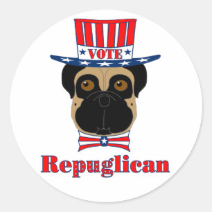 Pegatina Redonda Vote rePUGlican Funny Pug en el Gorra azul blanco