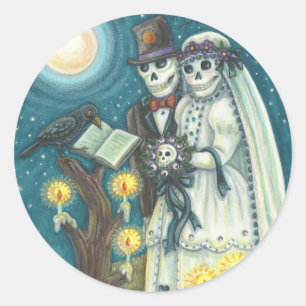 PEGATINA REDONDA VOTOS DE CEMENTERIO, BODA DE ESQUELETOS, NOVIA Y N