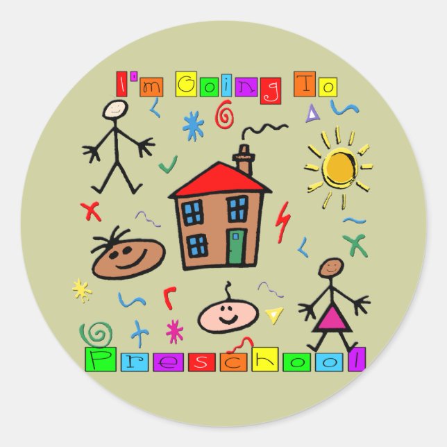 Pegatina Redonda Voy a la escuela preescolar (Anverso)