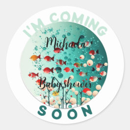 Pegatina Redonda Voy pronto a divertirme con el Baby Shower de los 