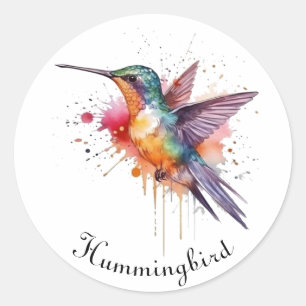 Pegatina Redonda Vuelo Colorido, colibrí acuarela personalizado