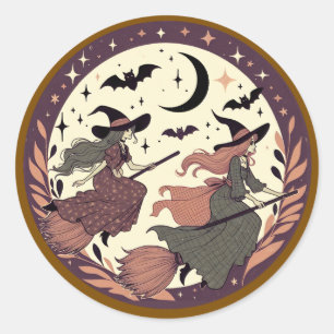 Pegatina Redonda Vuelo mágico de brujas - Escena lunar de Halloween
