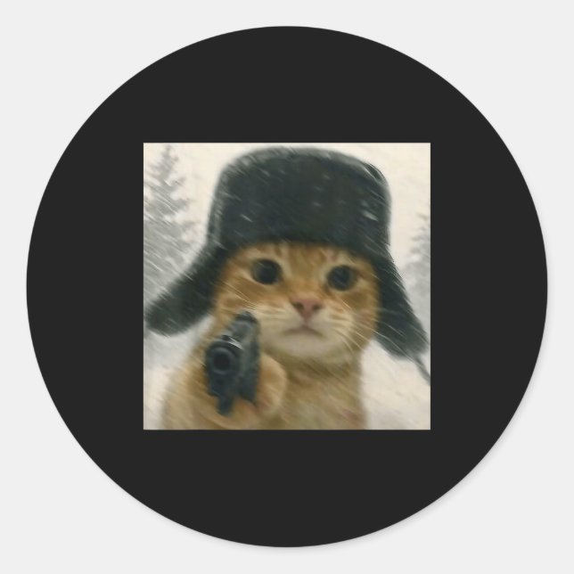 Pegatina Redonda Wacky Cat Wearing Ushanka Hat Russian Meme Cat Hum (Anverso)