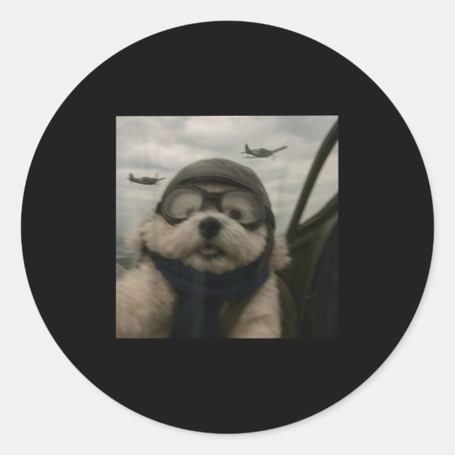 Pegatina Redonda Wacky Dog Funny Dog Selfie Lot Jet Fighter Airplan (Anverso)