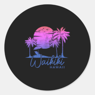 Pegatina Redonda Waikiki Beach Hawaii Surf Vintage Sunset Surfer