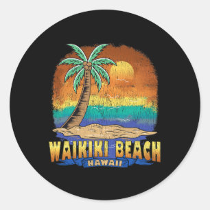 Pegatina Redonda Waikiki Beach Hawaii Vintage Distresage Souvenir