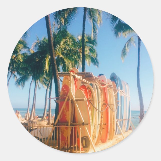 Pegatina Redonda Waikiki Beach Surfboards (Anverso)