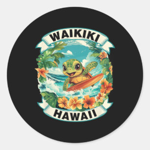 Pegatina Redonda Waikiki Hawaii Tortuga Marina Lindo Surfando Vacac