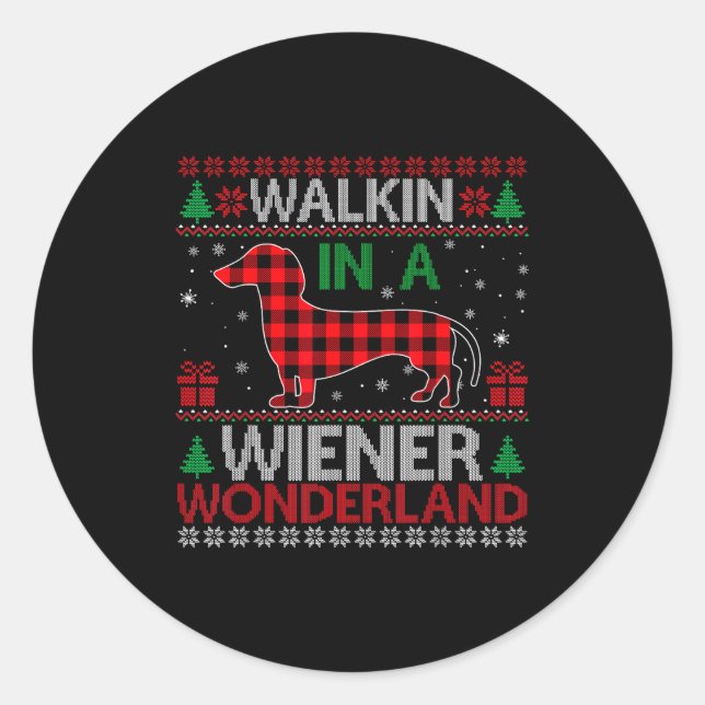 Pegatina Redonda Walking In A Wiener Wonderland Funny Dachshund Chr (Anverso)