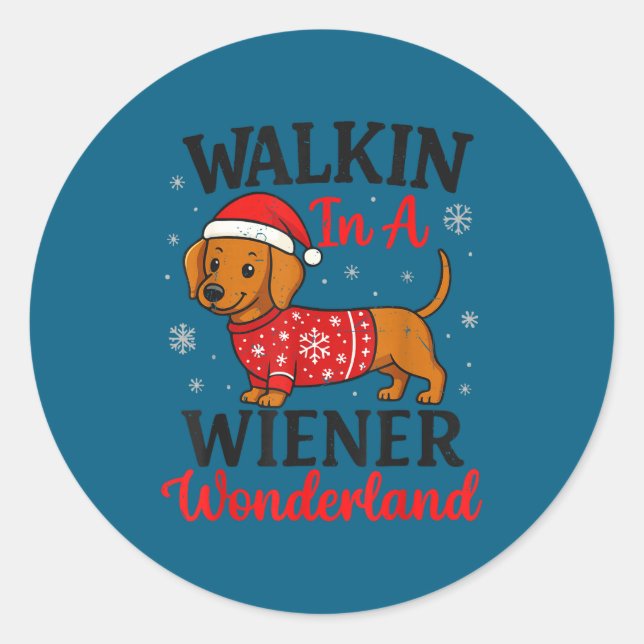 Pegatina Redonda Walking In Weiner Wonderland Mini Dachshund Christ (Anverso)