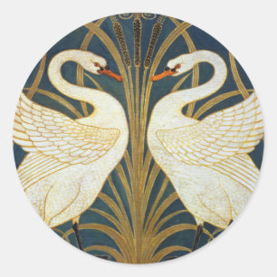 Pegatina Redonda Walter Crane Cisne Vintage y Iris Arte Nouveau