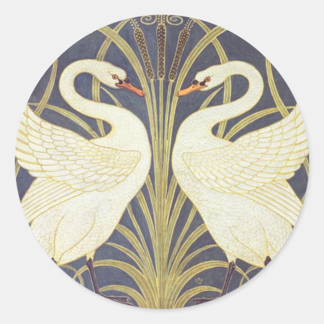 Pegatina Redonda Walter Crane Swan, Rush E Iris Art Nouveau (Anverso)