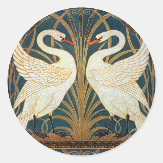 Pegatina Redonda Walter Crane Swan, Rush E Iris Art Nouveau (Anverso)