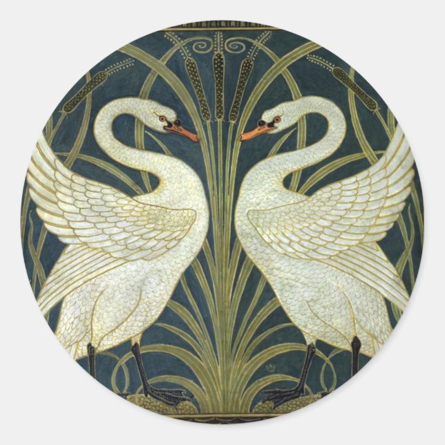 Pegatina Redonda Walter Crane Swan & Rush e Iris victorianos  (Anverso)