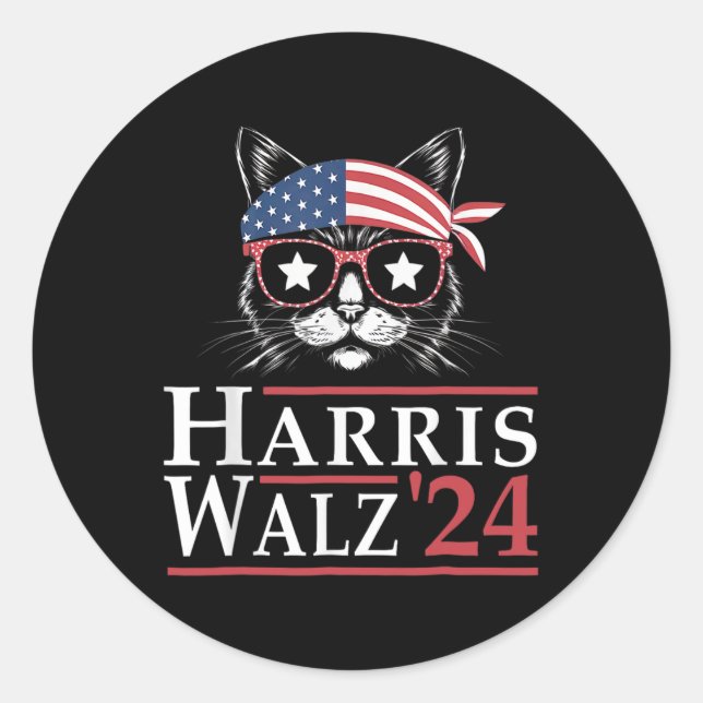 Pegatina Redonda Walz 2024 Funny Cat Election Kamala Harris Tim Wal (Anverso)
