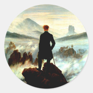Pegatina Redonda Wanderer encima del mar de niebla, Por Caspar Davi