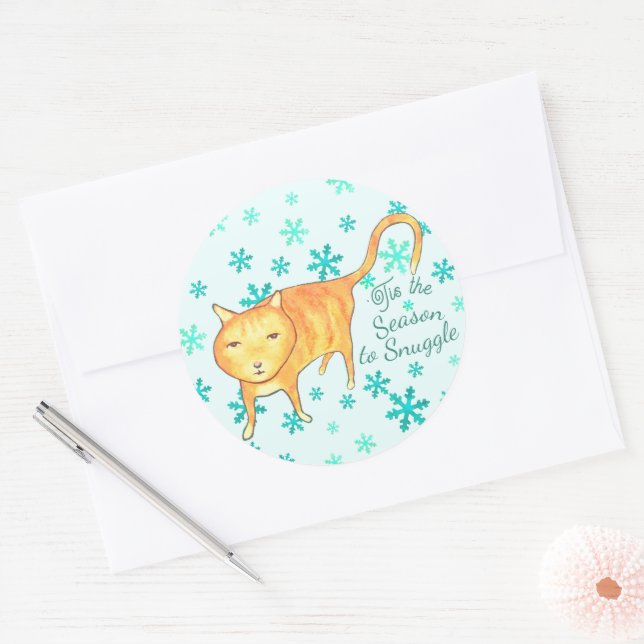 Pegatina Redonda Warm Fuzzies & Winter Flurries Christmas Cat (Sobre)