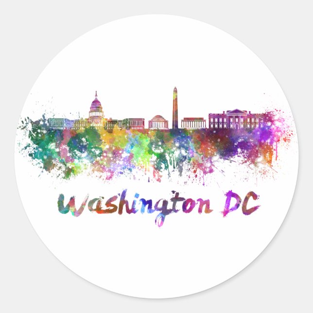 Pegatina Redonda Washington DC skyline in watercolor (Anverso)