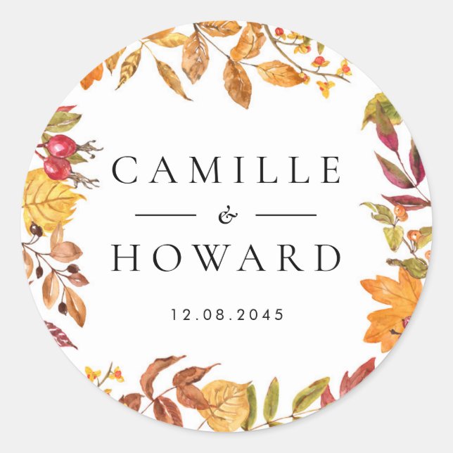 Pegatina Redonda Watercolor Autumn Leaves Wreath Boda (Anverso)