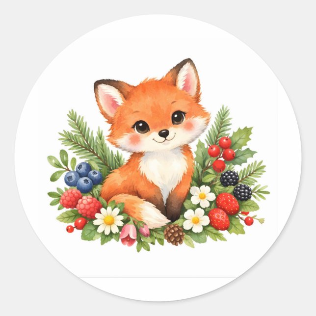 Pegatina Redonda Watercolor Baby Fox with Berries and Flowers  (Anverso)