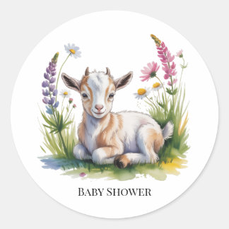 Pegatina Redonda Watercolor Baby Goat with Wildflowers Baby Shower