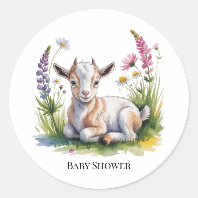 Pegatina Redonda Watercolor Baby Goat with Wildflowers Baby Shower  (Anverso)