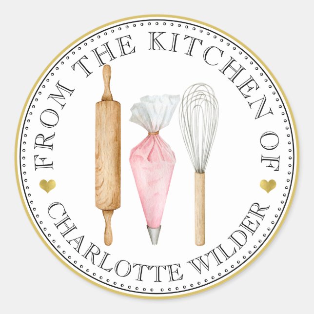 Pegatina Redonda Watercolor Baker Pastry Chef Baker's Tools (Anverso)