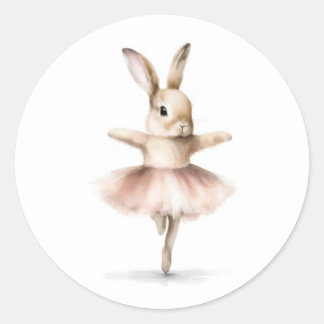 Pegatina Redonda Watercolor Ballerina Bunny Dancing Tan Pink