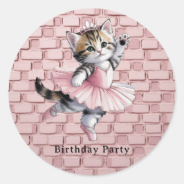 Pegatina Redonda Watercolor Ballerina Kitten Girl Birthday Party