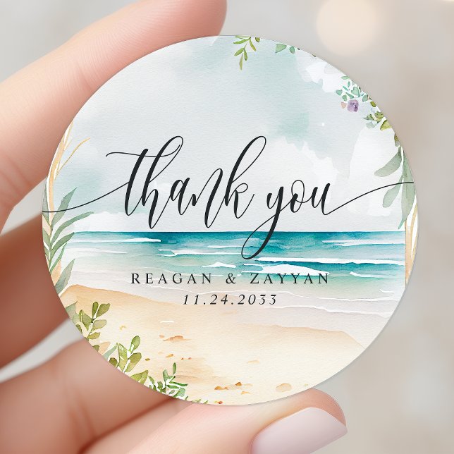 Pegatina Redonda Watercolor Beach Wedding Gracias (Subido por el creador)