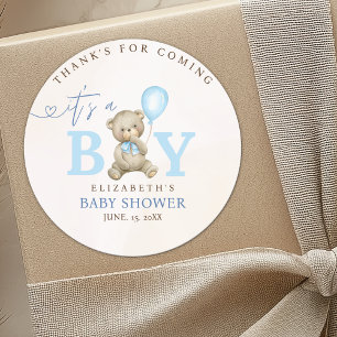 Pegatina Redonda Watercolor Bear Baby Shower boy