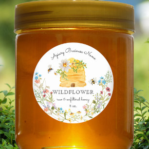 Pegatina Redonda Watercolor Beehive Floral Honey Personalizado