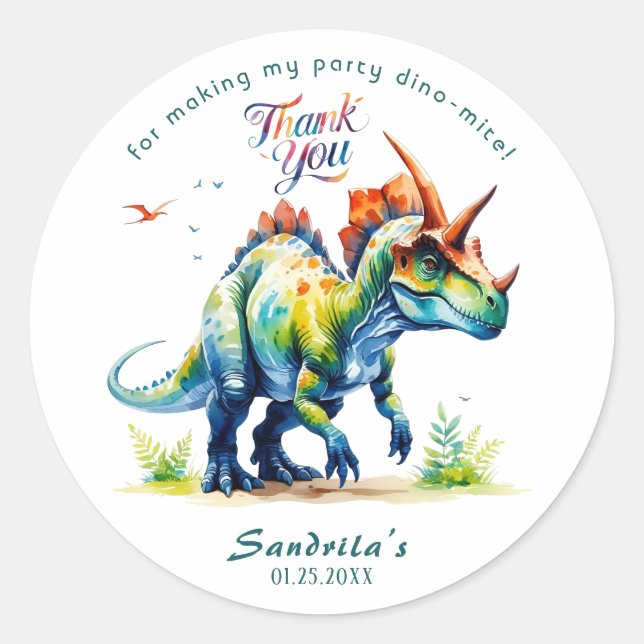 Pegatina Redonda Watercolor BIRTHDAY Dinosaur Sticker  (Anverso)