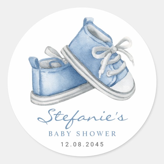 Pegatina Redonda Watercolor Blue Baby Booties Baby Shower (Anverso)