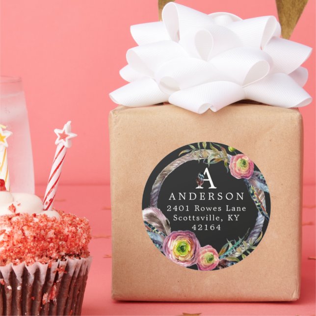 Pegatina Redonda Watercolor Boho Feather Wreath Monograma (Fiesta)