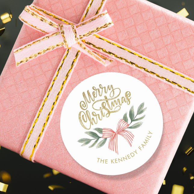 Pegatina Redonda Watercolor Bow Script Gold Feliz Navidad (Subido por el creador)