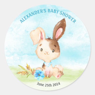 Pegatina Redonda Watercolor Boy Bunny Baby Shower Farm