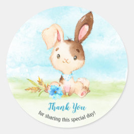 Pegatina Redonda Watercolor Boy Bunny Baby Shower Farm Gracias