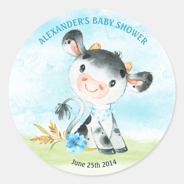 Pegatina Redonda Watercolor Boy Cow Baby Shower Farm (Anverso)