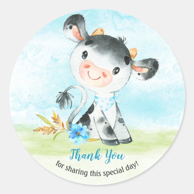 Pegatina Redonda Watercolor Boy Cow Baby Shower Farm Gracias (Anverso)