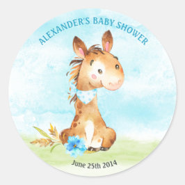 Pegatina Redonda Watercolor Boy Horse Baby Shower Farm