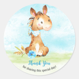 Pegatina Redonda Watercolor Boy Horse Baby Shower Farm Gracias