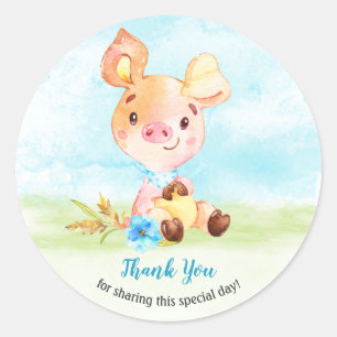 Pegatina Redonda Watercolor Boy Piggy Baby Shower Farm Gracias