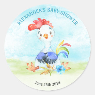 Pegatina Redonda Watercolor Boy Rooster Baby Shower Farm