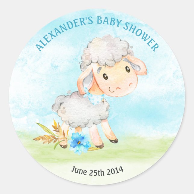 Pegatina Redonda Watercolor Boy Sheep Baby Shower Farm (Anverso)
