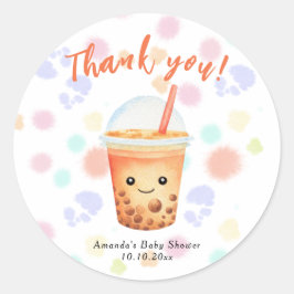 Pegatina Redonda Watercolor Bubble Tea Baby Shower Thank You