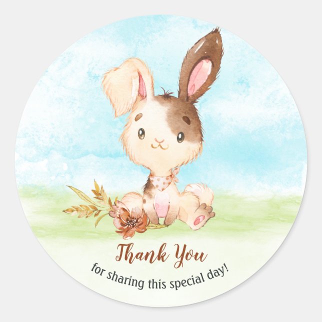 Pegatina Redonda Watercolor Bunny Baby Shower Farm Gracias (Anverso)