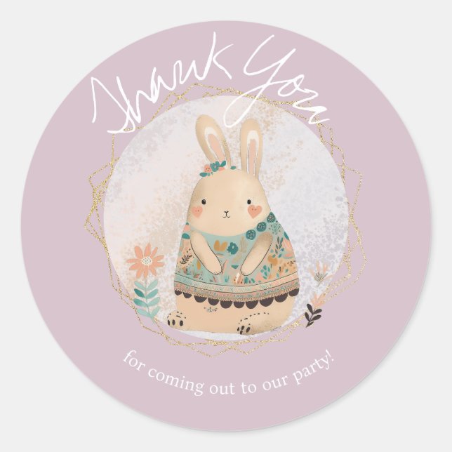 Pegatina Redonda Watercolor Bunny Easter Birthday Gracias Floral (Anverso)