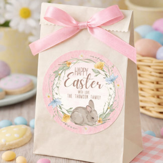 Pegatina Redonda Watercolor Bunny Spring Wildflowers Happy Easter 